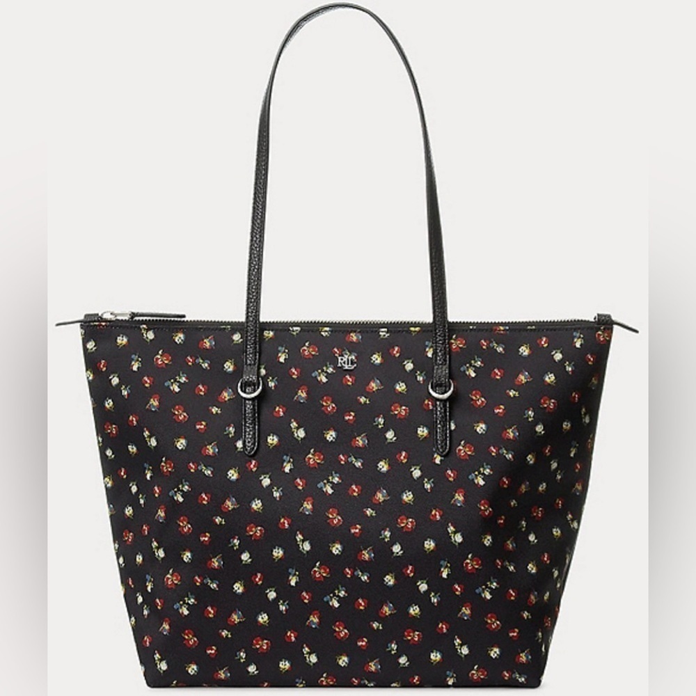 Lauren Ralph Lauren Black Floral Nylon Medium Keaton Tote EUC - Picture 1 of 12